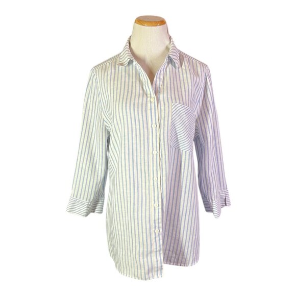 Chico's Size 1.5 (US 10) No-Iron Button-Up Shirt Striped Blue White Linen - Picture 1 of 11